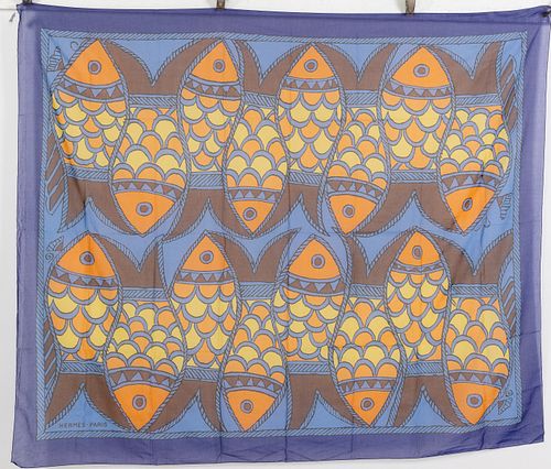 Hermes Cotton Scarf, Blue and Orange Fish