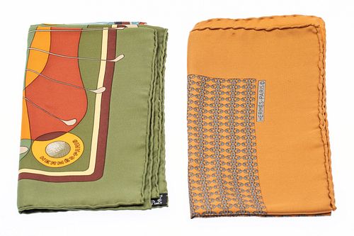 2 Orange and Green Silk Hermes Pocket Squares