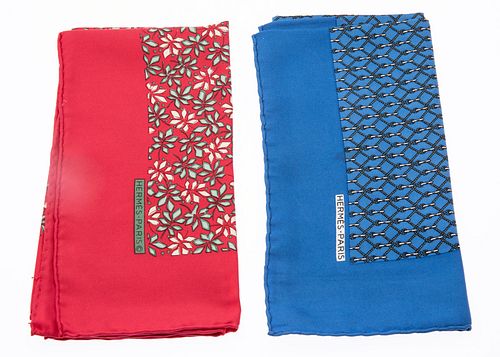 2 Red and Blue Hermes Silk Pocket Squares