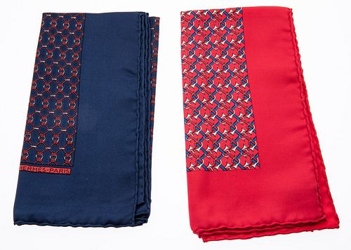 2 Red and Navy Hermes Silk Pocket Squares