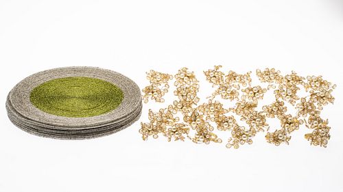 Green & Silver Beaded Placemats & Gold Napkin Rings