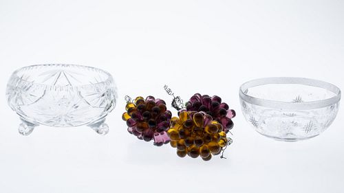 2 Cut Glass Bowls & Three Bunches of Glass Grapes