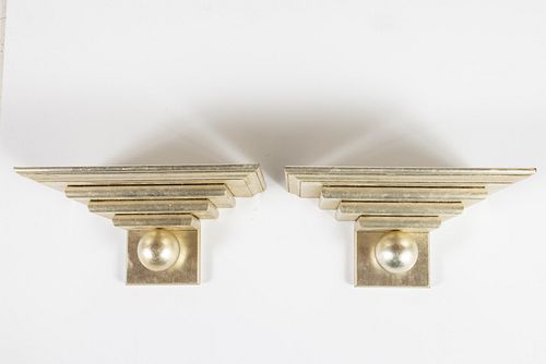 Pair of Silvered Wood Deco Style Wall Brackets