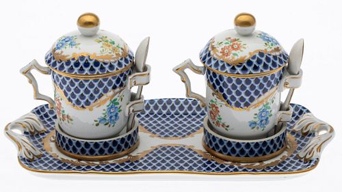 Sevres Style Two Lidded Serving Pots on a Tray
