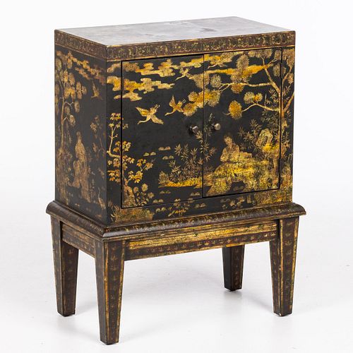 Chinoiserie Black Painted Cabinet on Stand, 20th C