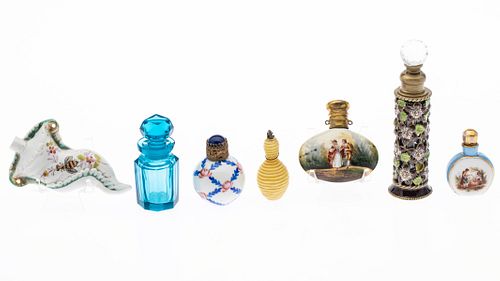 Group of 7 Glass, Porcelain and Enamel Scent Bottles