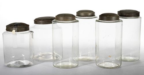 FREE-BLOWN GLASS STORAGE / APOTHECARY JARS, LOT OF SIX