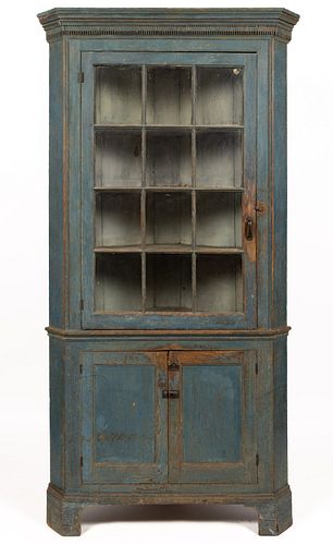 VIRGINIA OR MARYLAND CHIPPENDALE PAINTED YELLOW PINE CORNER CUPBOARD