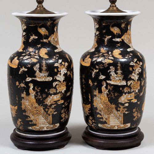Pair of Chinese Famille Noire Vases Mounted as Lamps