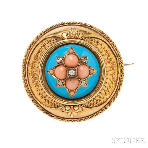 Victorian Gold Coral, Diamond, and Enamel Brooch