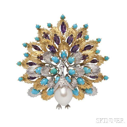 18kt Gold, Turquoise, Amethyst, Diamond, and Pearl Brooch, Meister Zurich