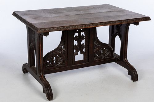 English Gothic Revival Trestle Form Table, 19th C