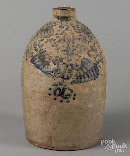 Three-gallon stoneware jug, 19th c., with cobalt floral decoration, 15'' h.