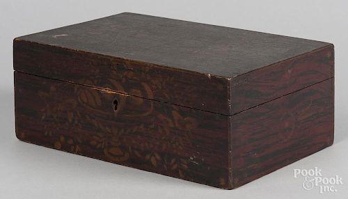 New England painted pine lock box, mid 19th c., with original stenciled decoration