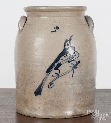 New York two-gallon stoneware crock, 19th c., with cobalt bird decoration, 11 1/2'' h.