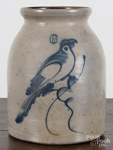 Stoneware crock, 19th c., with cobalt bird decoration, 10 1/2'' h.