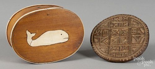 Sailor's bentwood ditty box, 5 1/2'' l., together with a butterprint, 4 1/4'' dia.