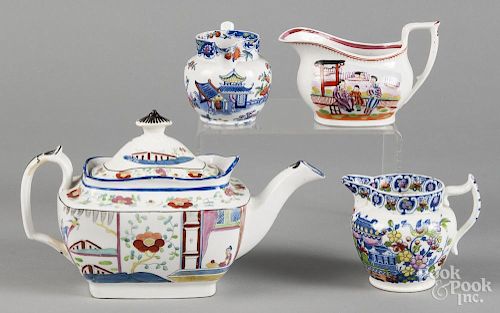 Four pieces of English chinoiserie decorated porcelain, 19th c., teapot - 6'' h.