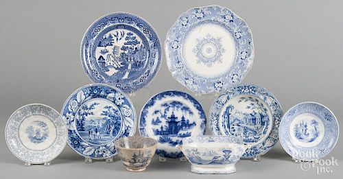 Nine pieces of blue and white Staffordshire, 19th c., largest - 10'' dia.
