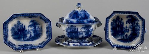 Flow Blue Coburg pattern tureen and undertray, 11 1/2'' h., 13 1/4'' w., together with two entrée dish