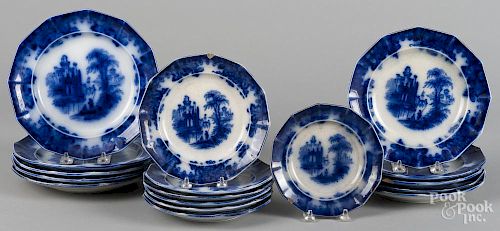 Seventeen Flow Blue Coburg pattern plates, 6 1/4''-9'' dia.