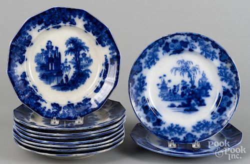 Eight Flow Blue Coburg pattern dinner plates, together with two Scinde plates, 10 1/4'' dia.