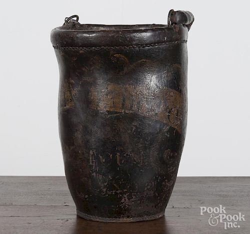 Painted leather fire bucket, 19th c., stamped {Fenno}, likely for the Boston maker, 12" h.