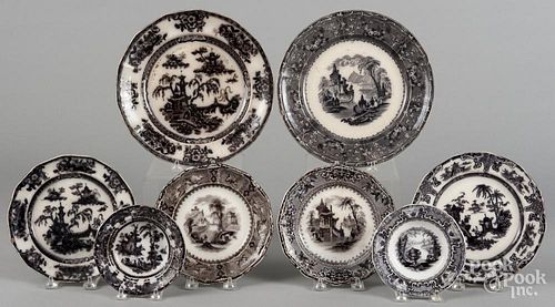 Eight flow mulberry plates, to include Pelew, Ningpo, etc., largest - 9 5/8'' dia.