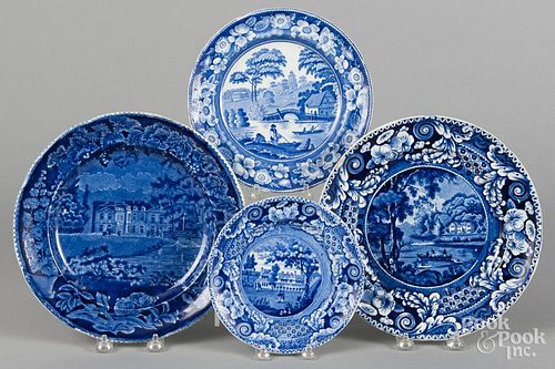 Four blue Staffordshire English scenery plates, 6 3/4''-10'' dia.