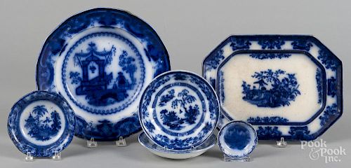 Six pieces of flow blue, 19th c., platter - 8 1/4'' l., 11'' w.
