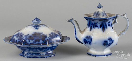 Flow blue teapot and covered vegetable, 9'' h. and 6 1/4'' h.