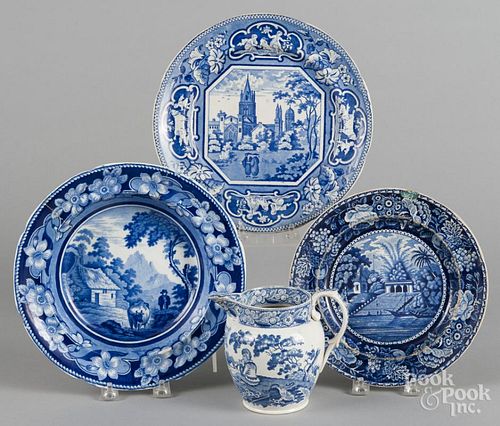Two blue Staffordshire plates, together with a soup bowl and pitcher, largest - 9 3/4'' dia.