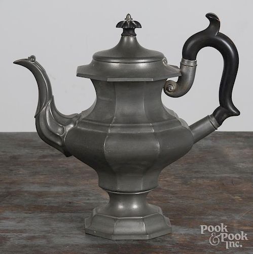 Dorchester, Massachusetts pewter coffee pot, 19th c., bearing the touch of Roswell Gleason, 10'' h.
