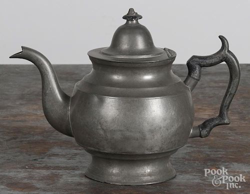 New York or Connecticut pewter teapot, 19th c., bearing the touch of Boardman, 7'' h.