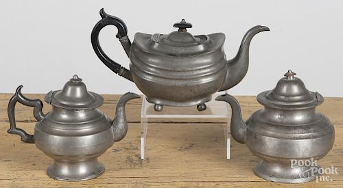 Three American pewter teapots, 19th c., tallest - 6 3/4''.