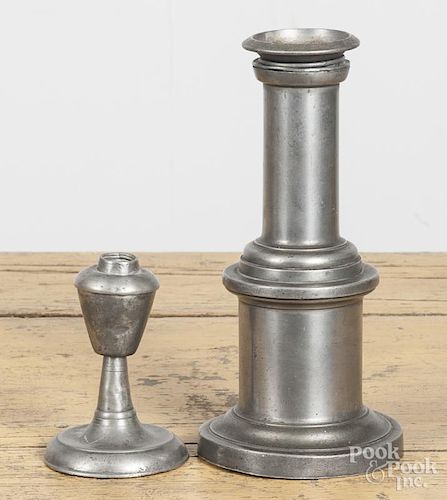 Two pewter fluid lamps, 19th c., 4'' h. and 8 1/4'' h.