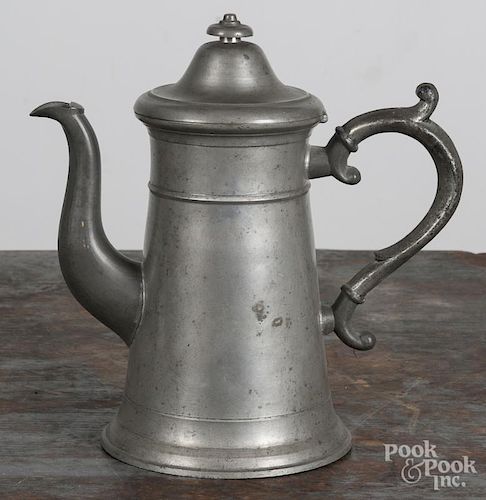 Meriden, Connecticut pewter coffee pot, 19th c., bearing the touch of Isaac Lewis, 10 1/4'' h.