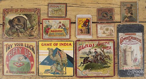 Miscellaneous early board game box lids, to include Go Bang, Game of Playing Department Store