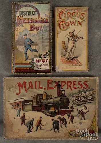 Three McLoughlin Brothers board games, to include Game of Mail, Express, or Accommodation