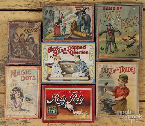 Seven small board games, to include Spears Game of Roly Poly, How Silas Popped the Question