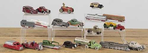 Tootsietoy slush metal vehicles, to include an Andy Gump car, a train, a dairy delivery, etc.