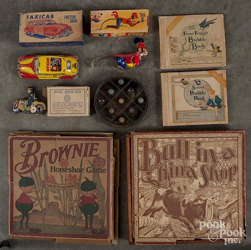 Miscellaneous toys, to include a Milton Bradley Bull in a China Shop game, a Brownie Horseshoes