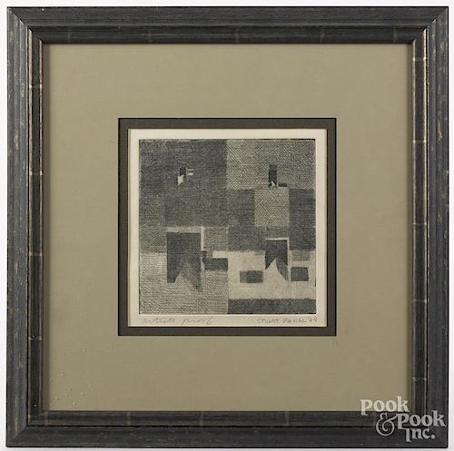 Stuart Egnal (American 1940-1966), engraved geometric abstract, signed lower right, 6 1/2'' x 6 1/2''.