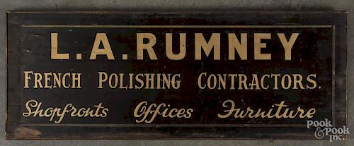 Painted advertising sign for L.A. Rumney French Polishing Contractors, 11 1/2'' x 30 1/2''.