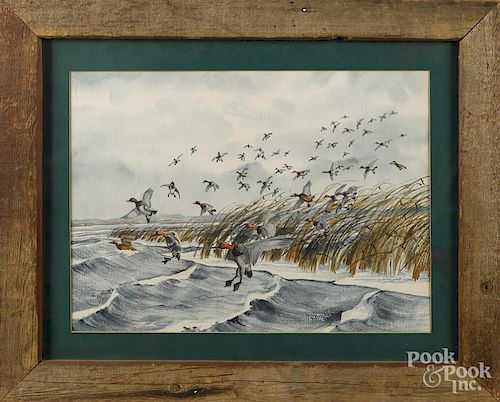 Donald Shoffstall (American 20th c.), three watercolors of ducks in flight, one signed lower right