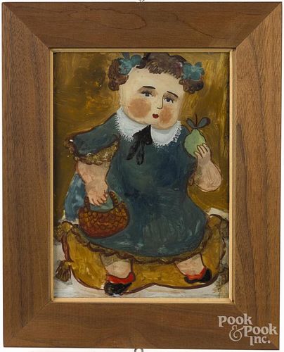 Reverse painting of a girl with a pear, 8 1/2'' x 6''.