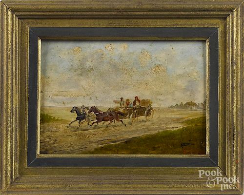 Oil on panel landscape, 19th c., with a horse drawn wagon, signed Gilly, 6'' x 8 1/4''.