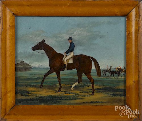 Oil on board of a horse and jockey, early 20th c., signed G.W. Cook, 8'' x 10''.