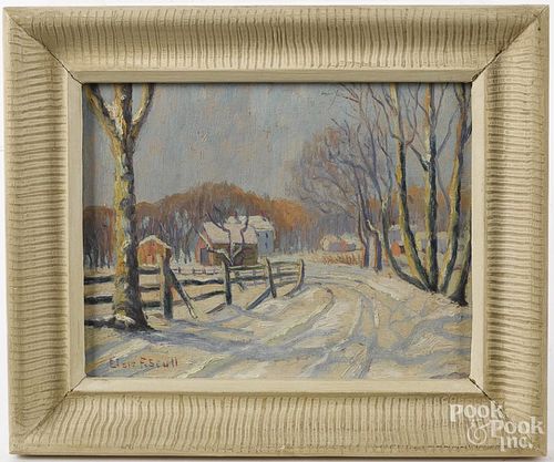 Elsie R. Scull (American 20th c.), oil on board, titled Snow Bound in the Oley Valley, signed
