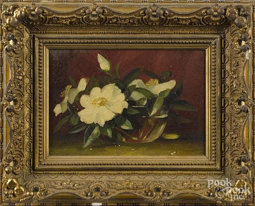 Oil on canvas still life, ca. 1900, signed indistinctly lower right, 7'' x 10''.